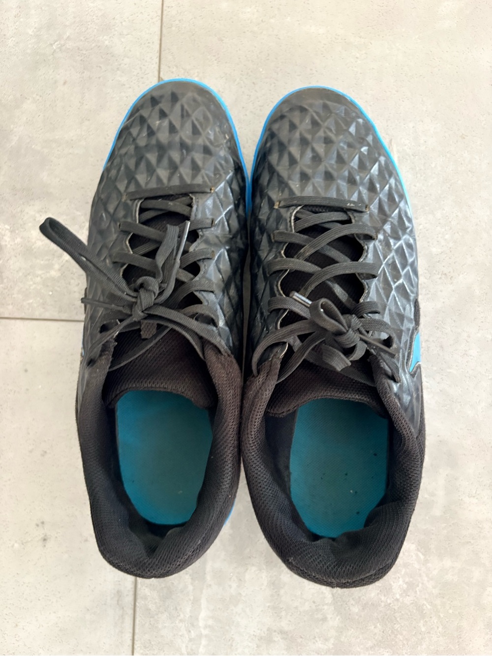 Nike tiempo Black indoor Athletic soccer Shoes with Blue Accents